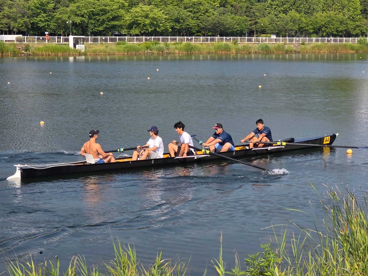 Students rowing a crew boat